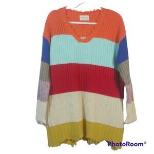 Dress Up Bright Multicolor Stripe Over Sized Distressed Knit Sweater Size S